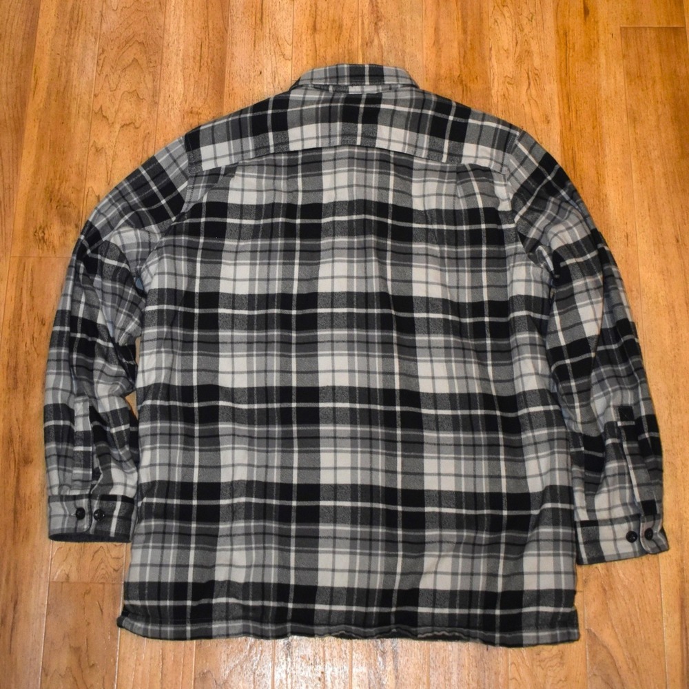 LL Bean Fleece Lined Flannel Shirt Jacket Mens L Gray Black Plaid 298189 - Picture 3 of 5